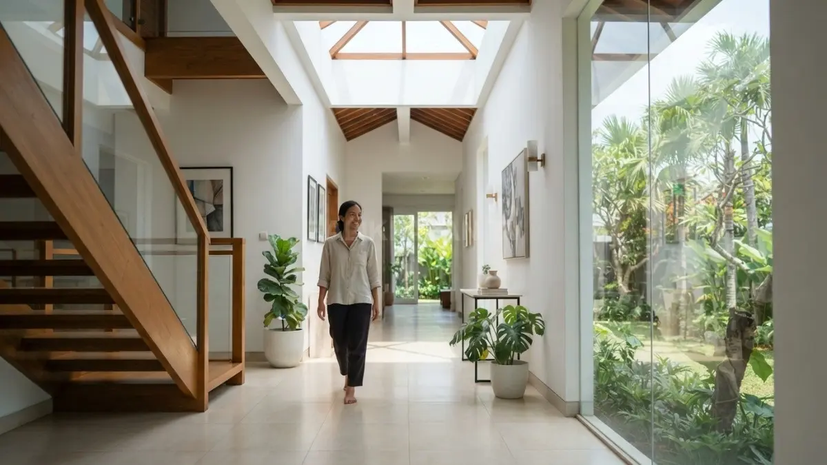 Skylight dan jendela samping menghadirkan cahaya alami sehingga lorong rumah terasa lebih lapang dan nyaman. (BTV/AI)