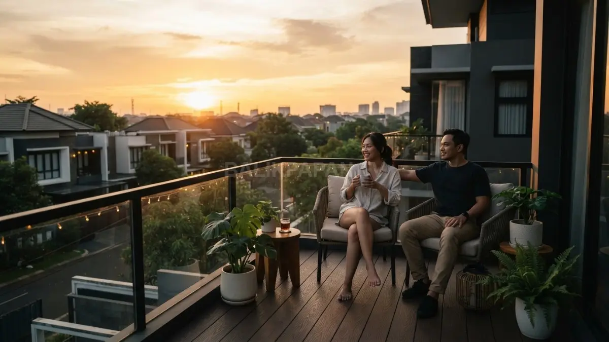 Sudut dek minimalis menjadi tempat bersantai sambil menikmati cahaya matahari terbenam pada lahan terbatas perkotaan (BTV/AI)