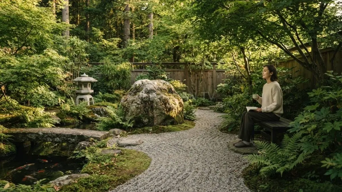 Taman Jepang minimalis menghadirkan ketenangan melalui batu besar, tanaman utama, dan lampu taman sederhana. [BTV:AI]