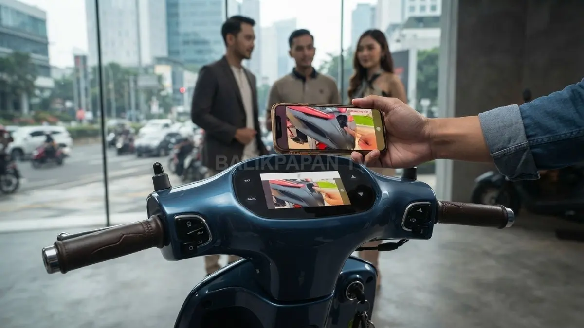 Tampilan dashboard dan layar pintar Indomobil E-Motor Adora yang mendukung koneksi smartphone dan navigasi. (BTV.AI)