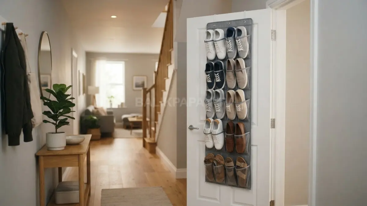 Tampilan estetis koridor masuk rumah minimalis dengan rak gantung vertikal berisi sepatu tertata rapi di balik daun pintu putih. (BTV/Ai)