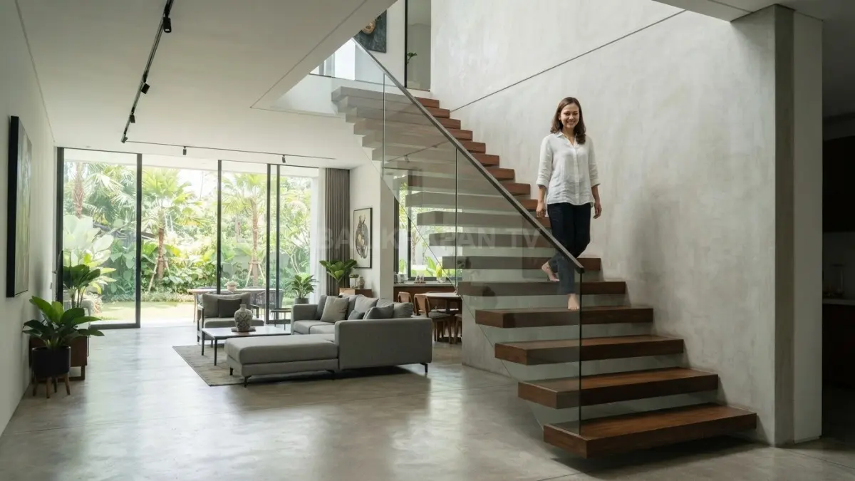 Tangga mengambang pada rumah modern menghadirkan kesan lapang sekaligus memperkuat estetika interior. (BTV/AI)
