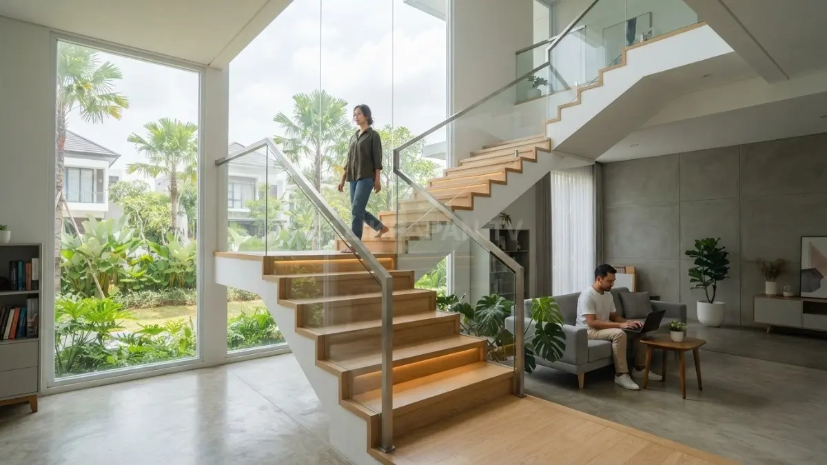 Tangga rumah modern berbentuk L yang memanfaatkan ruang secara efisien dengan pencahayaan alami. (BTV/AI)