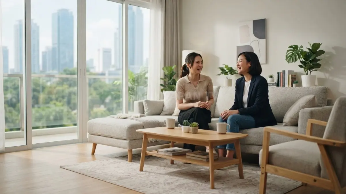 Tata letak ruang tamu minimalis yang mengutamakan percakapan dan pencahayaan alami. BTV/AI)