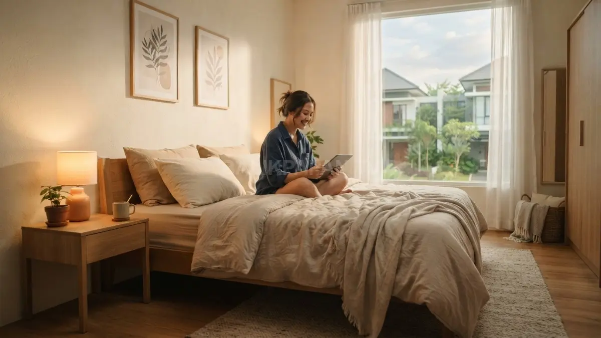 Tempat tidur dengan seprai berwarna beige di kamar tidur minimalis yang terasa hangat dan nyaman. (BTV/AI)