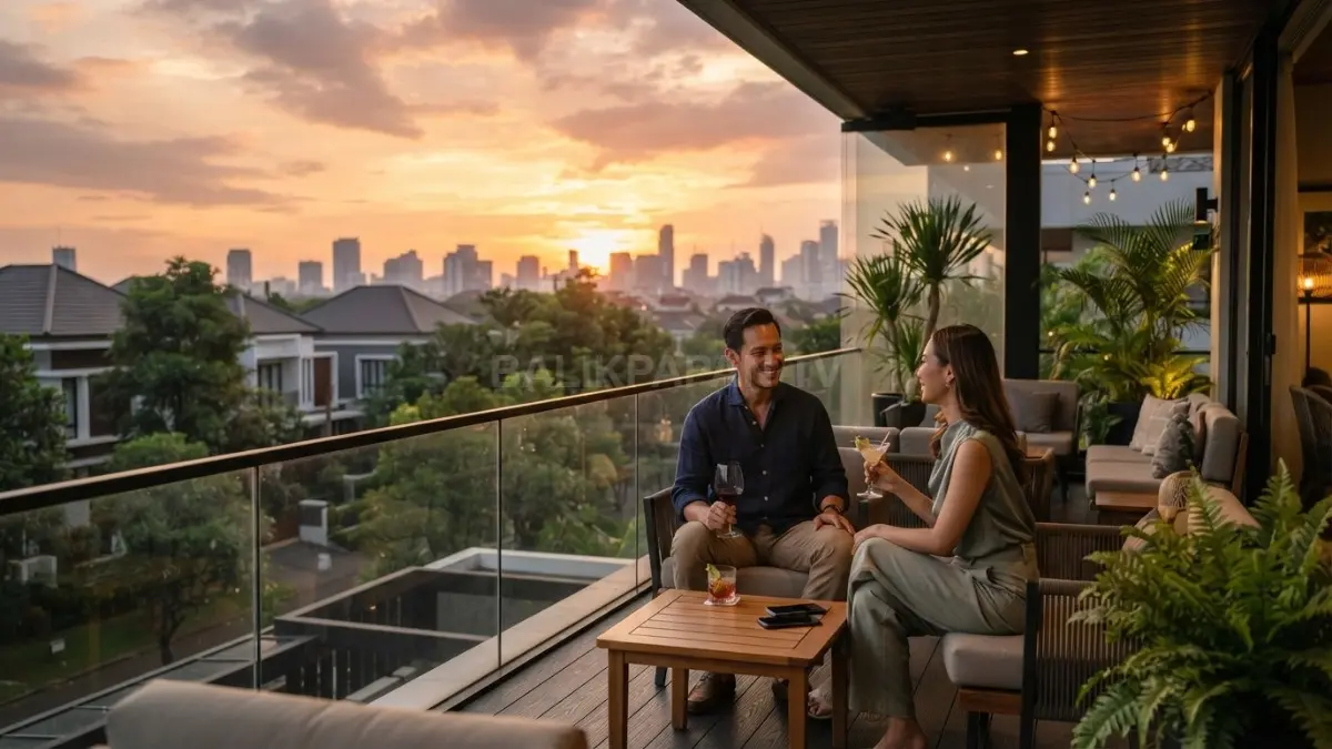 Teras lantai dua modern menghadap sunset dengan material alami, nyaman, estetis, fungsional, harmonis untuk bersantai bersama (BTV/AI)