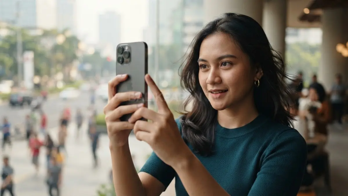 Titik fokus pandangan pada tombol samping ponsel membantu menghasilkan swafoto setengah badan lebih natural dan proporsional (BTV/AI)
