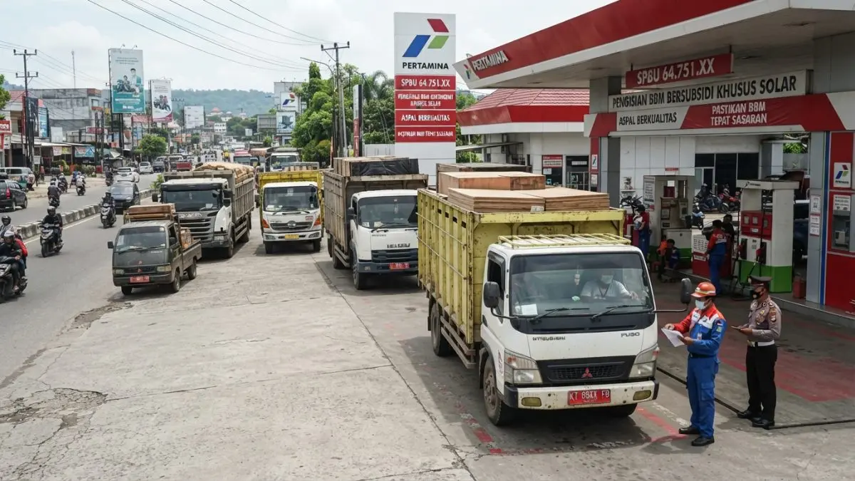 Truk mengantre di SPBU Samarinda dalam rencana pengawasan distribusi BBM subsidi yang lebih terukur. (BTV/AI)