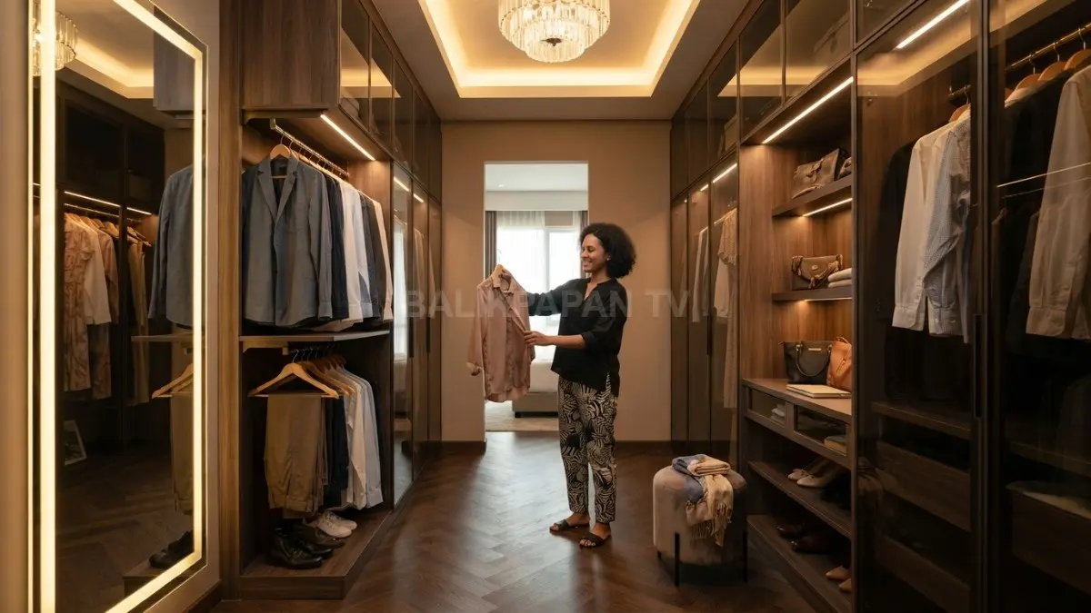 Walk-in closet bergaya hotel menghadirkan ruang ganti fungsional, rapi, nyaman, elegan, dan bernilai estetika tinggi (BTV/AI)
