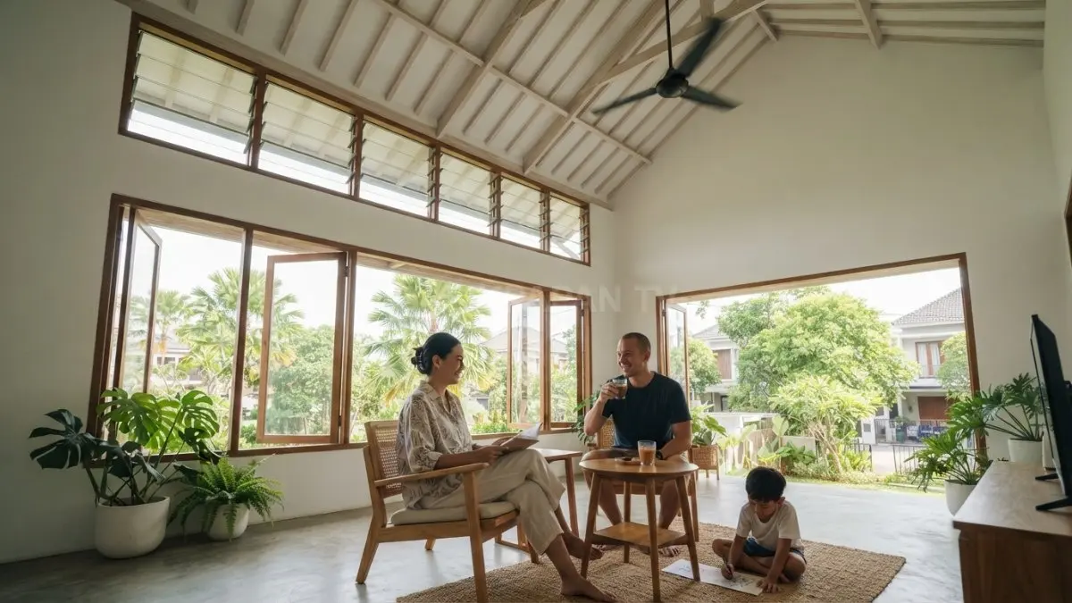 Detail ventilasi silang dan plafon tinggi pada rumah tradisional yang membantu menjaga suhu tetap nyaman. (BTV/AI)