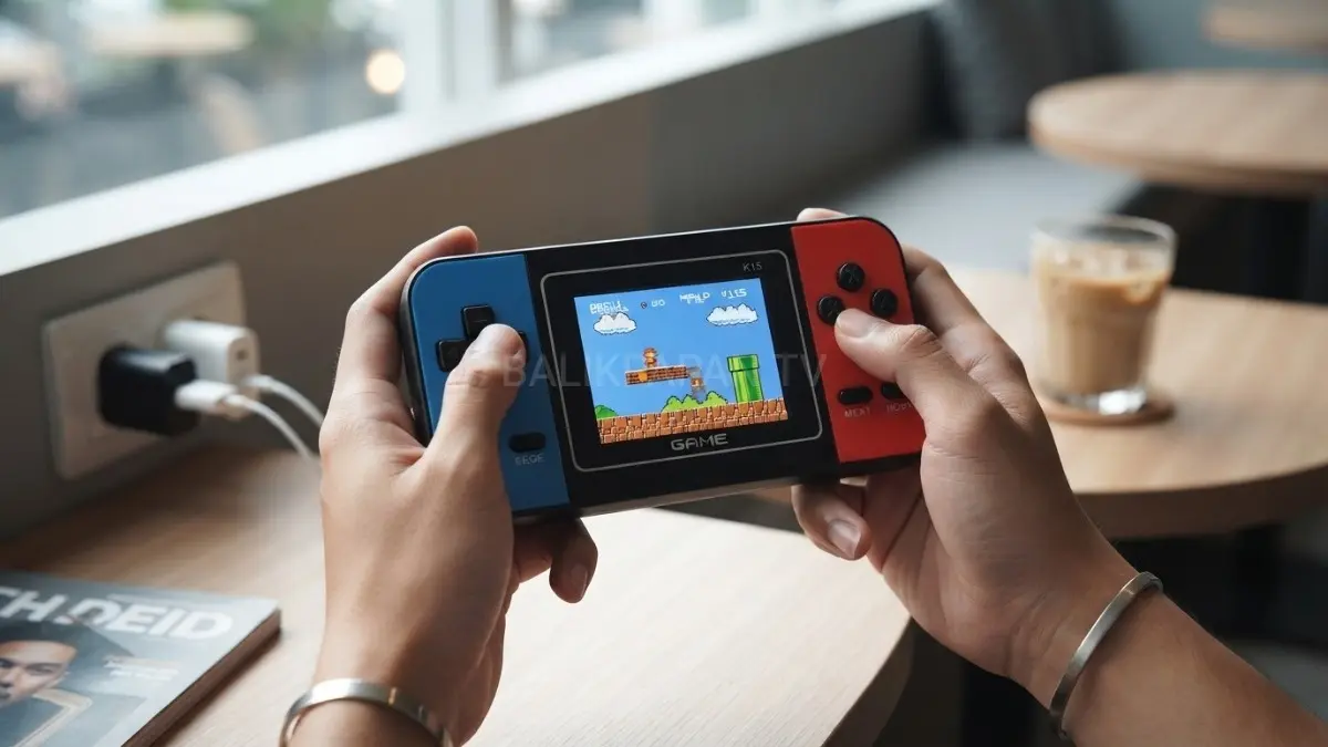 Pengguna memainkan P15 Game Boy saat perjalanan sebagai hiburan praktis berisi ratusan game retro.(BTV/AI) 