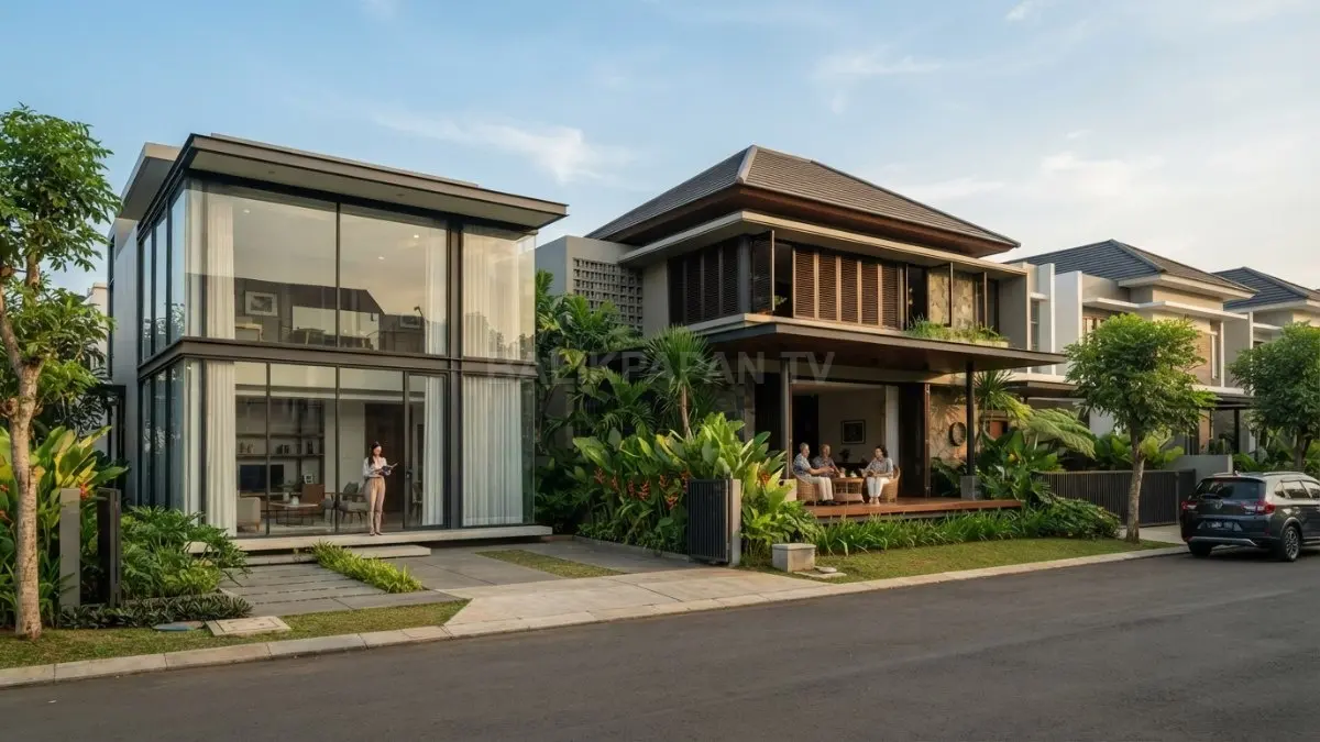 Perbandingan rumah berdinding kaca dengan rumah tropis yang menggunakan ventilasi silang dan teras lebar. (BTV/AI)