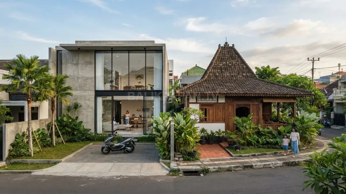 Perbandingan rumah modern berdinding beton dengan rumah tradisional Indonesia yang memanfaatkan ventilasi alami tropis. (BTV/AI)