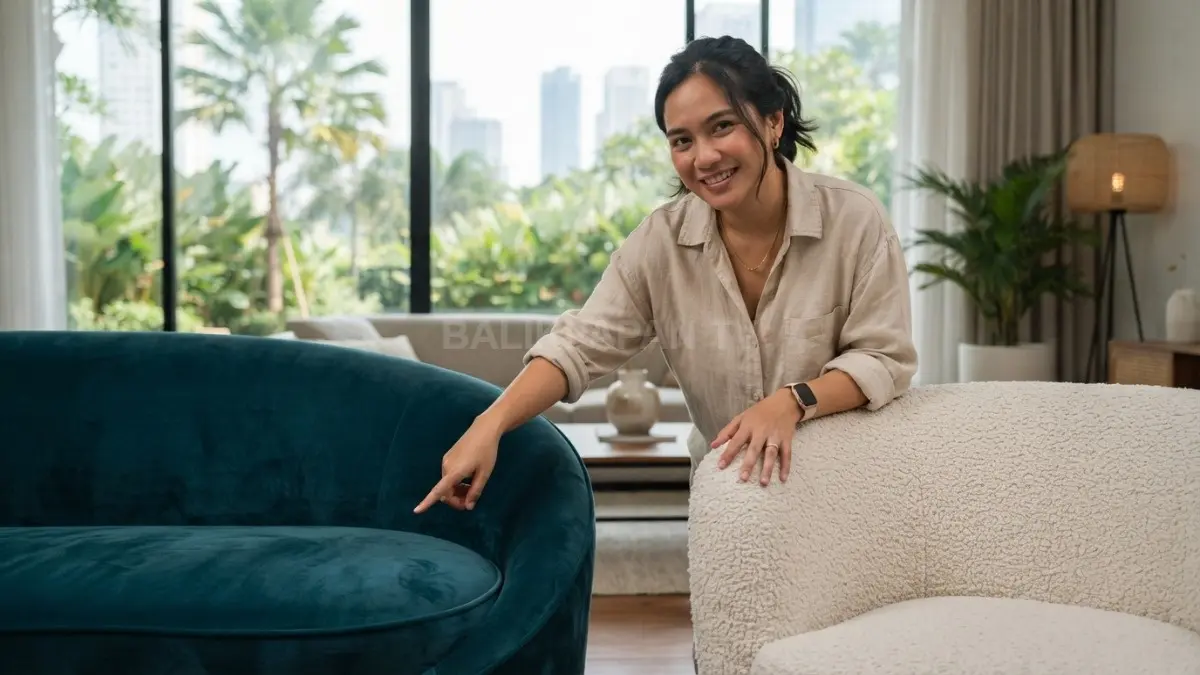 Perbandingan tekstur sofa beludru dan bouclé untuk penggunaan di rumah beriklim panas dan lembap. (BTV/AI)