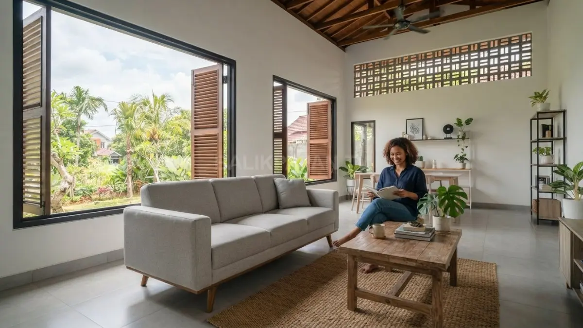Ruang tamu rumah tropis Balikpapan dengan ventilasi silang yang membantu menjaga sofa tetap awet. (BTV/AI)