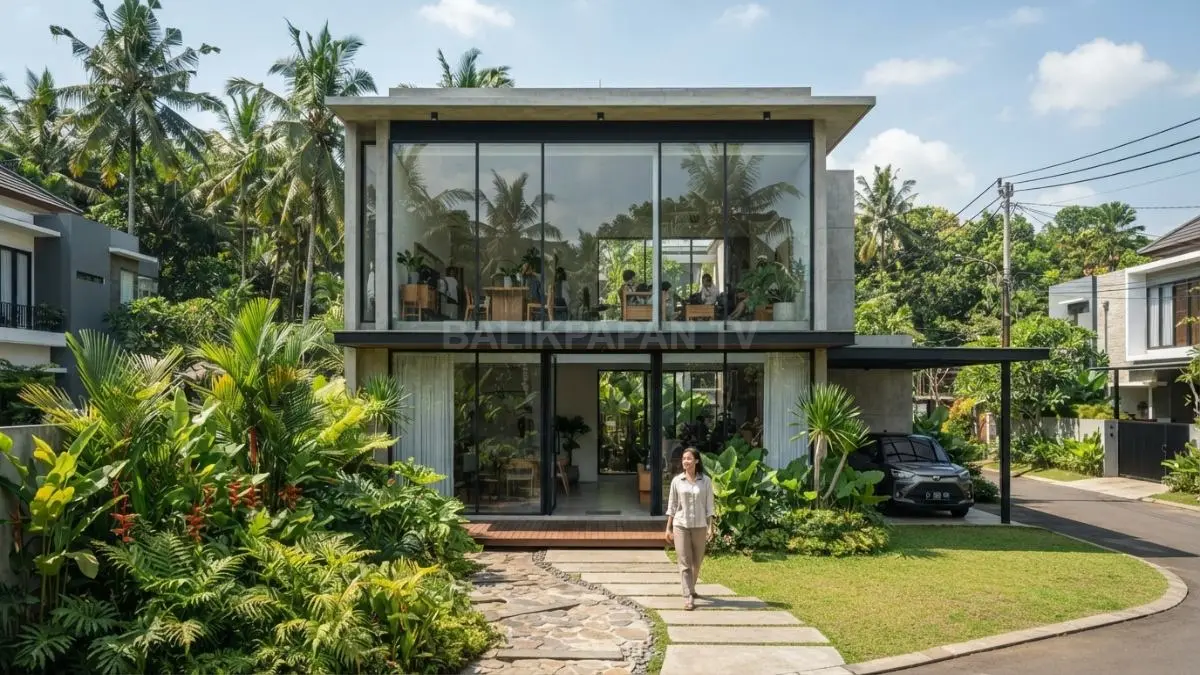 Rumah modern dengan fasad kaca penuh yang terpapar sinar matahari siang di kawasan tropis Indonesia. (BTV/AI)