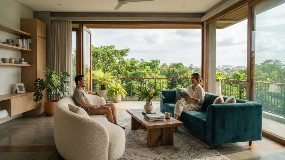Sofa bouclé dan beludru di ruang keluarga modern Balikpapan dengan pencahayaan alami dan ventilasi tropis. (BTV/AI)