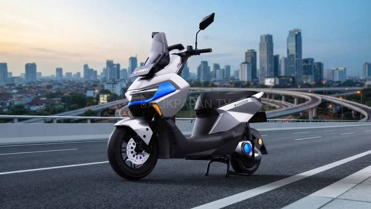 Tampilan Uwinfly M110G dengan desain futuristis saat diuji di jalan raya, mengulas performa dan legalitas kendaraan.(BTV/AI) 