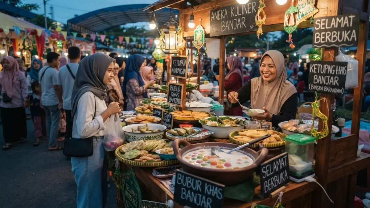 Aneka kuliner tradisional Banjar termasuk Hintalu Karuang yang dijual di pasar tradisional saat Ramadan. (BTV/AI)