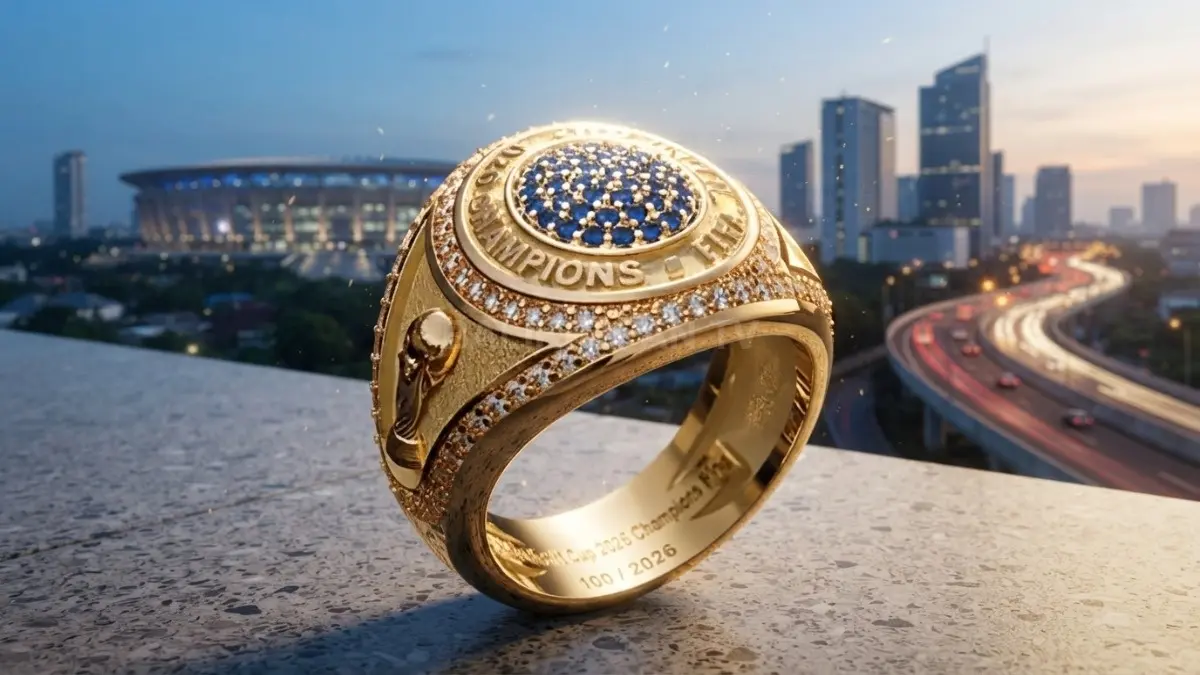 Ilustrasi cincin juara bergaya olahraga Amerika yang dikaitkan dengan Piala Dunia 2026.