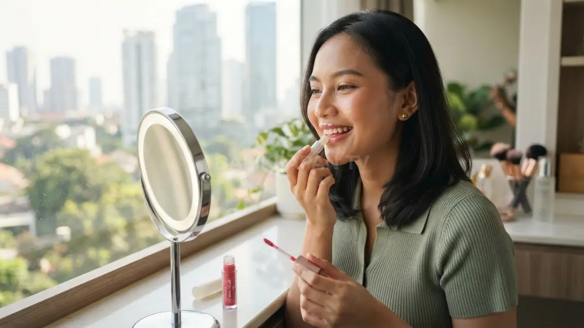 Ilustrasi penggunaan lip balm sebelum mengaplikasikan lip tint agar bibir tetap lembut dan warna menempel lebih merata. (BTV/AI)