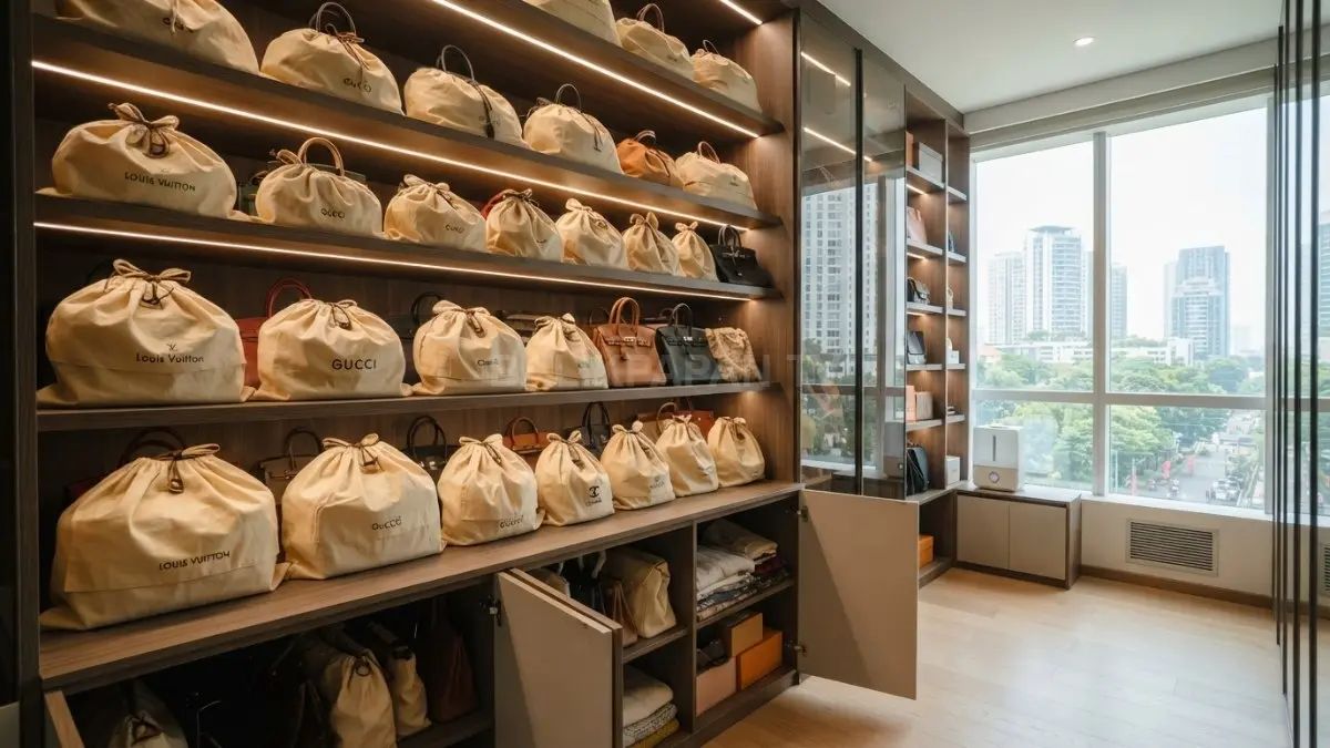 Koleksi tas kulit disimpan menggunakan dust bag berbahan kain di ruangan dengan sirkulasi udara baik agar terhindar dari jamur. (BTV/AI)