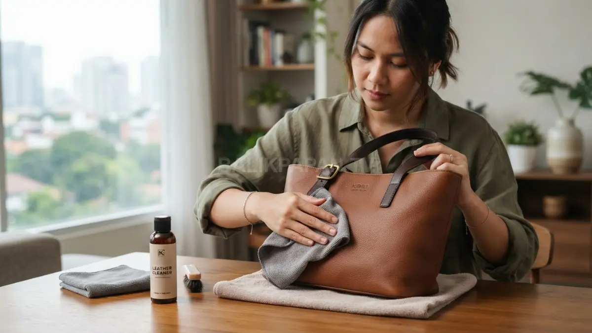 Proses membersihkan tas kulit memakai kain microfiber dan leather cleaner khusus tanpa merusak permukaan. (BTV/AI)