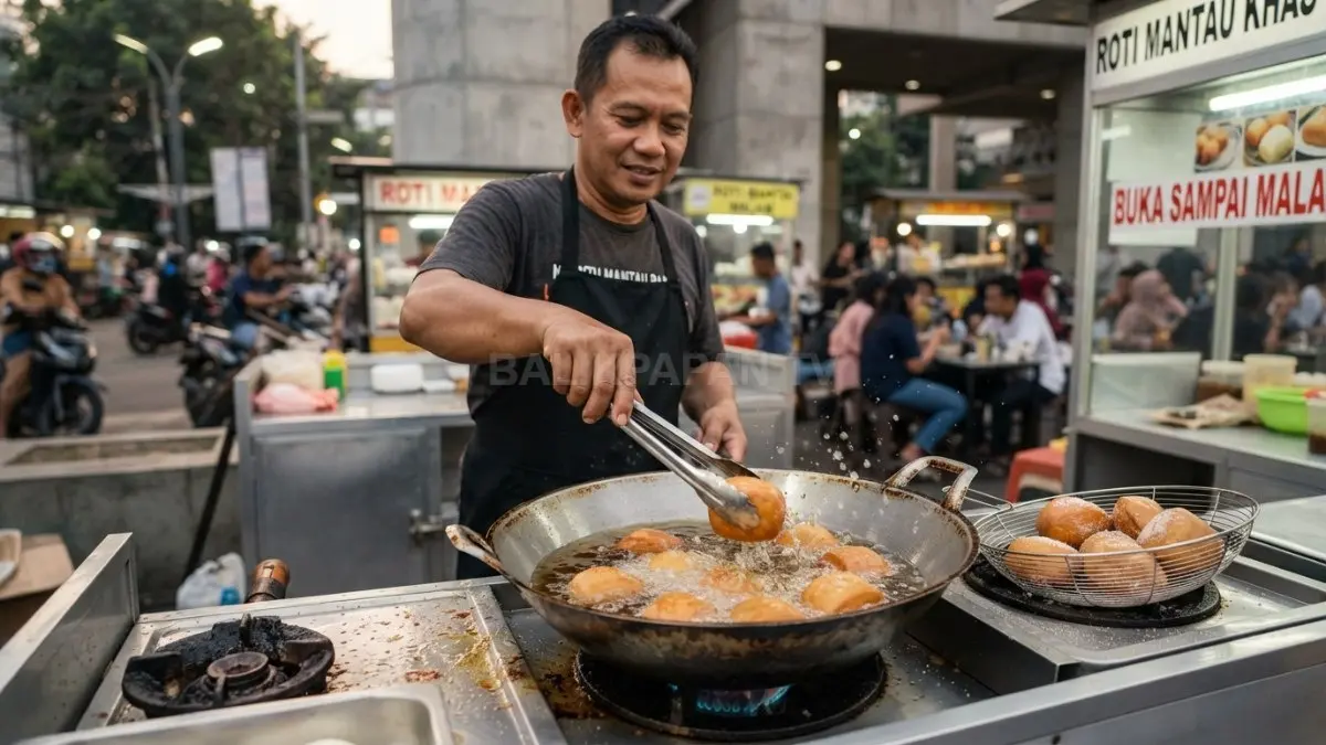 Proses menggoreng Roti Mantau hingga renyah di luar namun tetap lembut di bagian dalam. (BTV/AI)