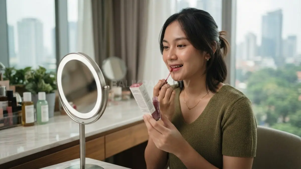 Seorang perempuan mencoba lip tint dengan hasil natural sambil memperhatikan kandungan pelembap pada kemasan produk. (BTV/AI)