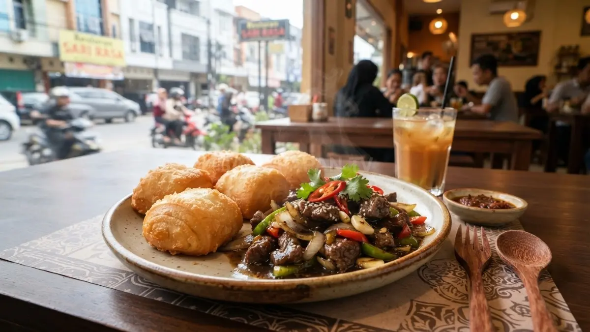 Seporsi Roti Mantau goreng berwarna keemasan disajikan bersama daging sapi lada hitam khas Balikpapan yang menggugah selera. (BTV/AI)