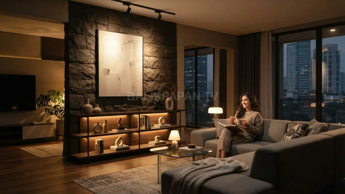 Accent lighting menonjolkan lukisan, rak buku, dan tekstur dinding, menciptakan kedalaman visual berkarakter elegan. (BTV/AI)

