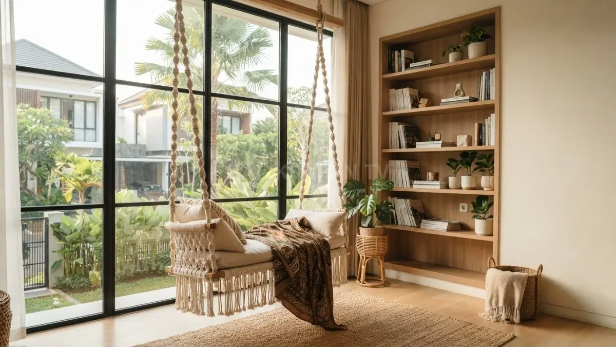 Ayunan gantung menghiasi area kosong rumah menjadi tempat favorit membaca beristirahat menikmati suasana tenang (BTV/AI)