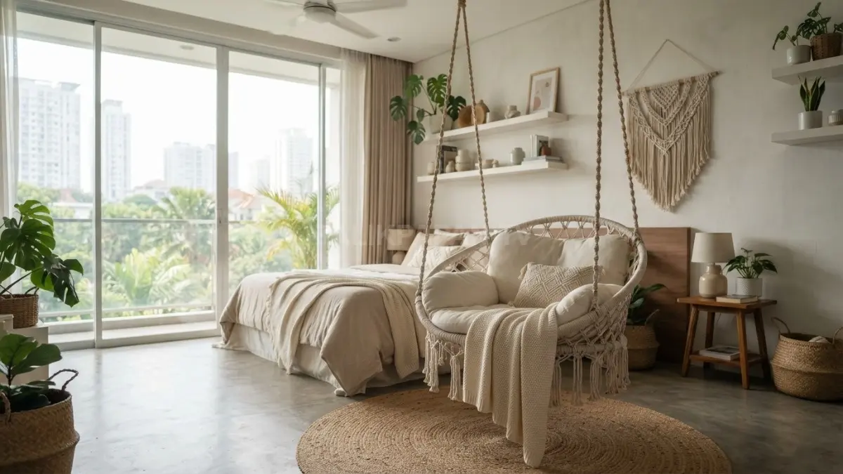 Ayunan tali gantung mempercantik kamar bohemian dengan nuansa hangat, santai, artistik, nyaman, sekaligus fungsional untuk relaksasi sehari-hari (BTV/AI)