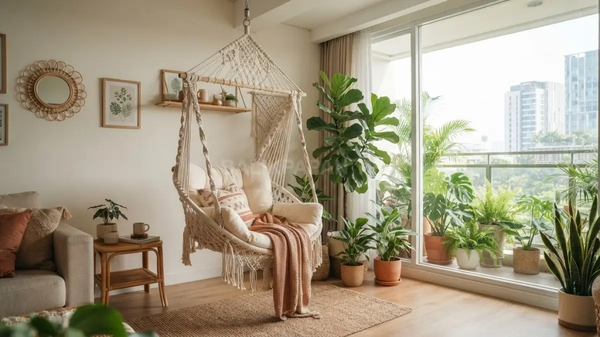Ayunan tali gantung menghadirkan sudut relaksasi nyaman dengan cahaya alami dan nuansa bohemian modern estetik menenangkan (BTV/AI)