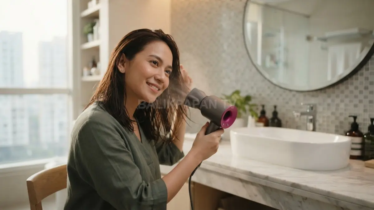 Hair dryer bersuhu sedang membantu rambut kering merata tanpa memberikan panas berlebihan pada batang rambut. (BTV/AI)