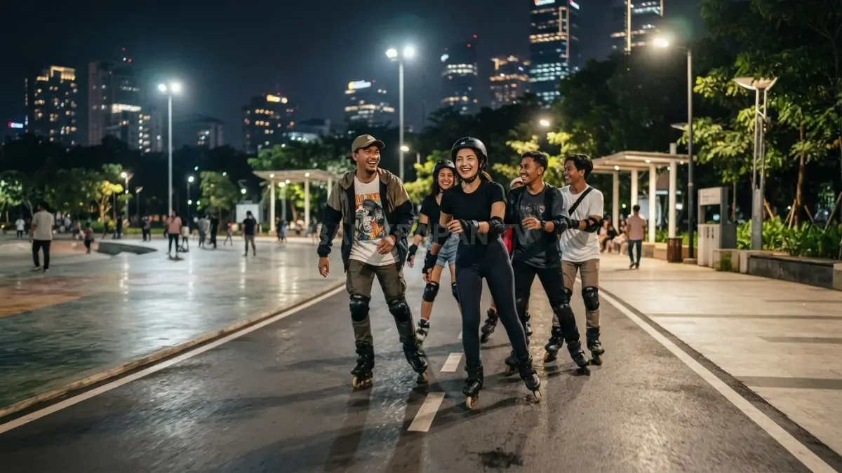Komunitas night skating meluncur menikmati lampu kota, udara sejuk, dan kebersamaan dengan perlengkapan keselamatan lengkap (BTV/AI)