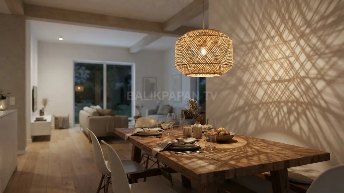 Lampu gantung bambu geometris memancarkan cahaya hangat nan dramatis di atas meja makan utama. (BTV/Ai)