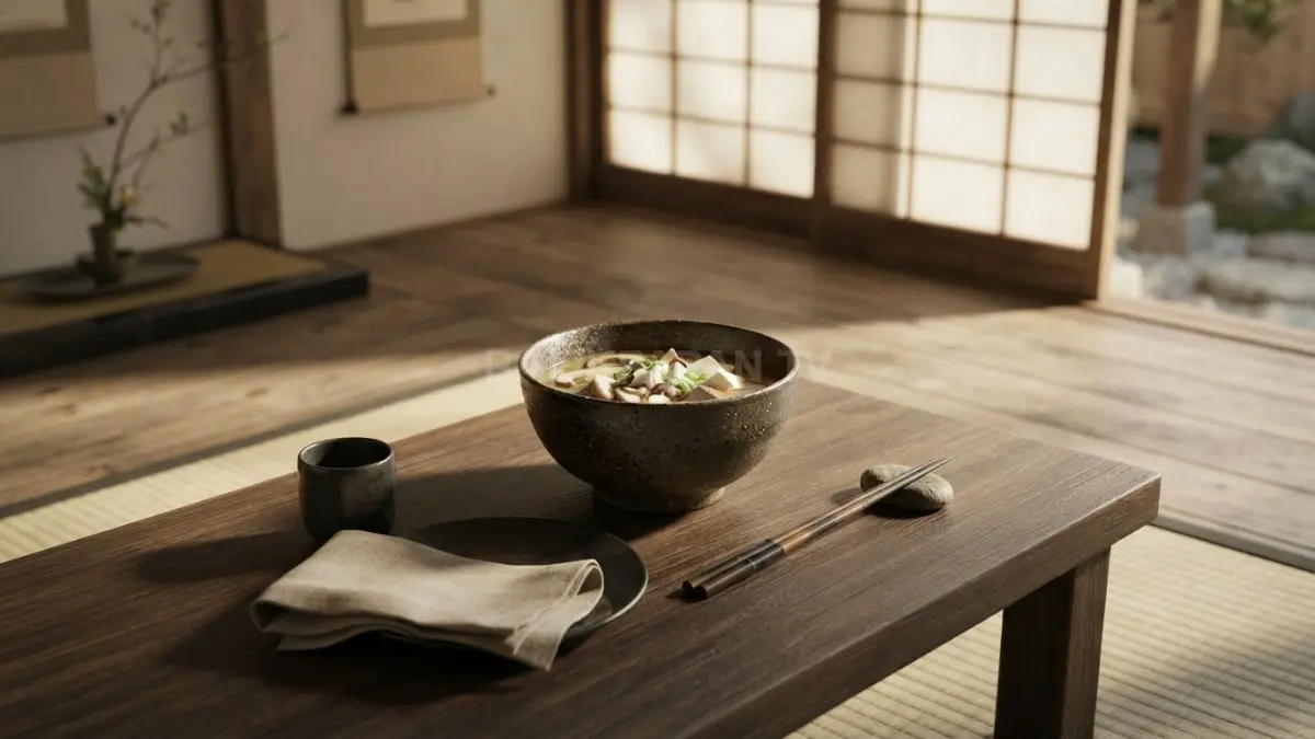 Penataan meja gaya Zen Jepang yang tenang dan rapi, cocok untuk makan malam yang damai. (BTV/Ai)