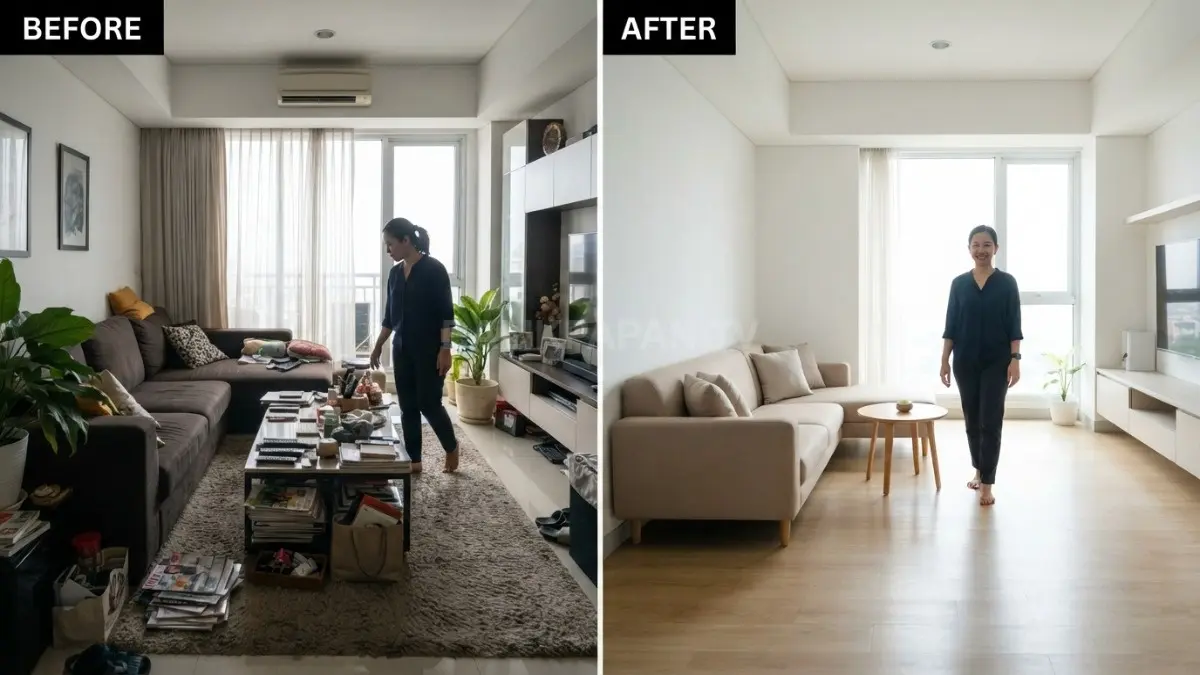 Perbandingan tata letak sofa sebelum dan sesudah untuk menciptakan kesan ruang lebih lapang. (BTV/Ai)