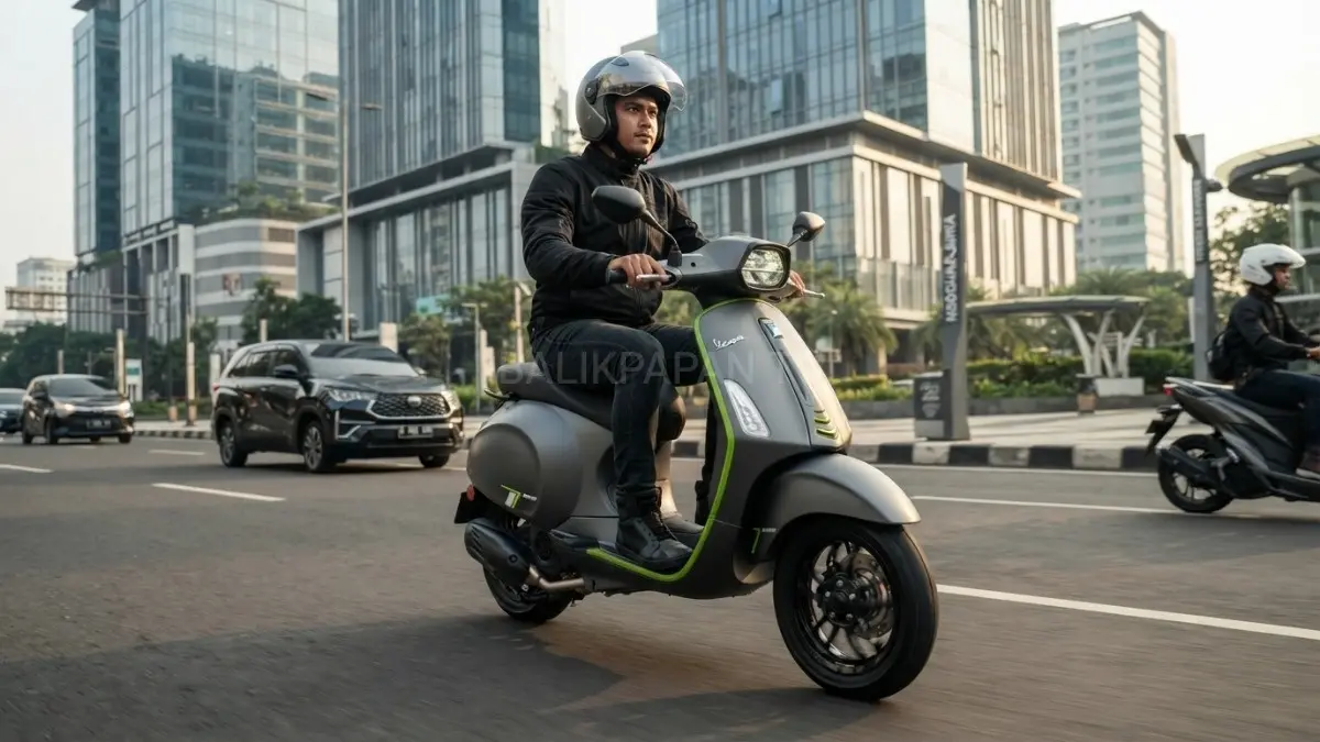 Vespa Sprint Tech 180 warna abu-abu dengan aksen kuning saat sesi test ride di jalan perkotaan.(BTV/AI) 