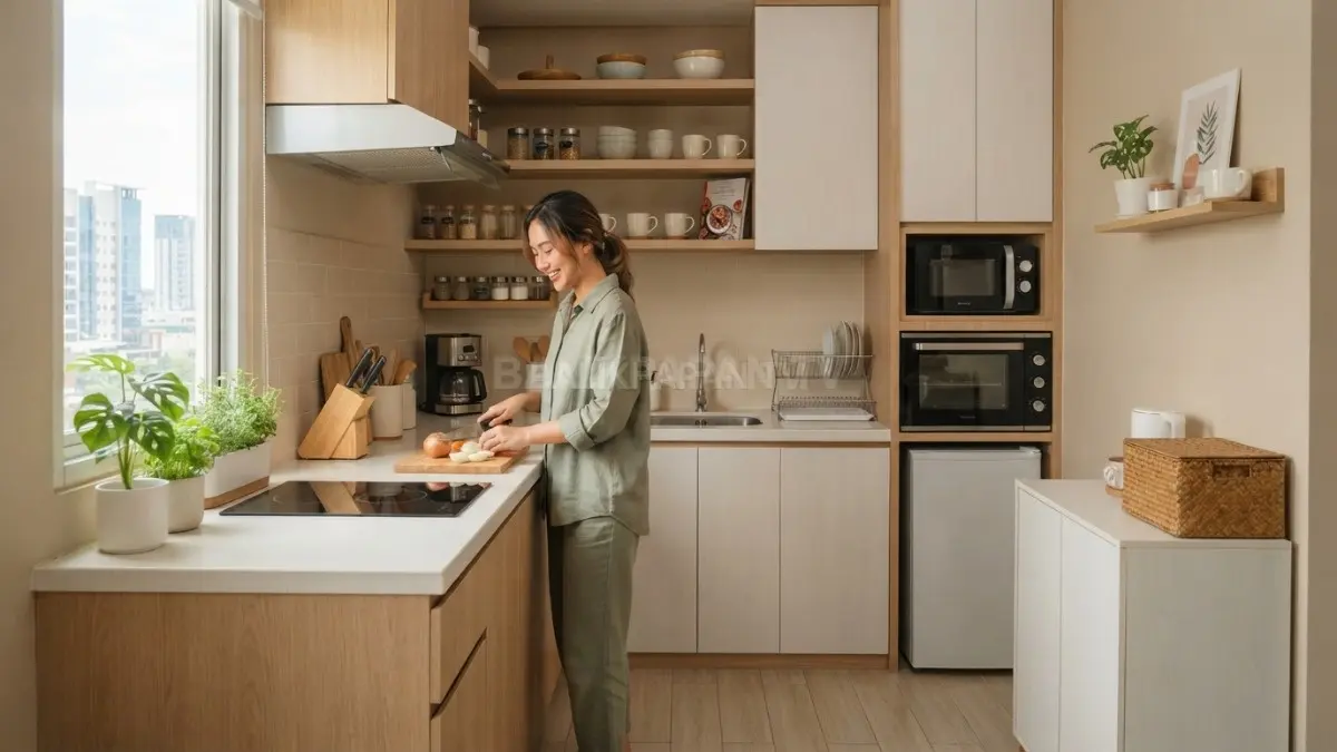 Dekorasi dapur kecil dengan konsep praktis membantu menciptakan ruang memasak nyaman dan fungsional setiap hari (BTV/Ai)