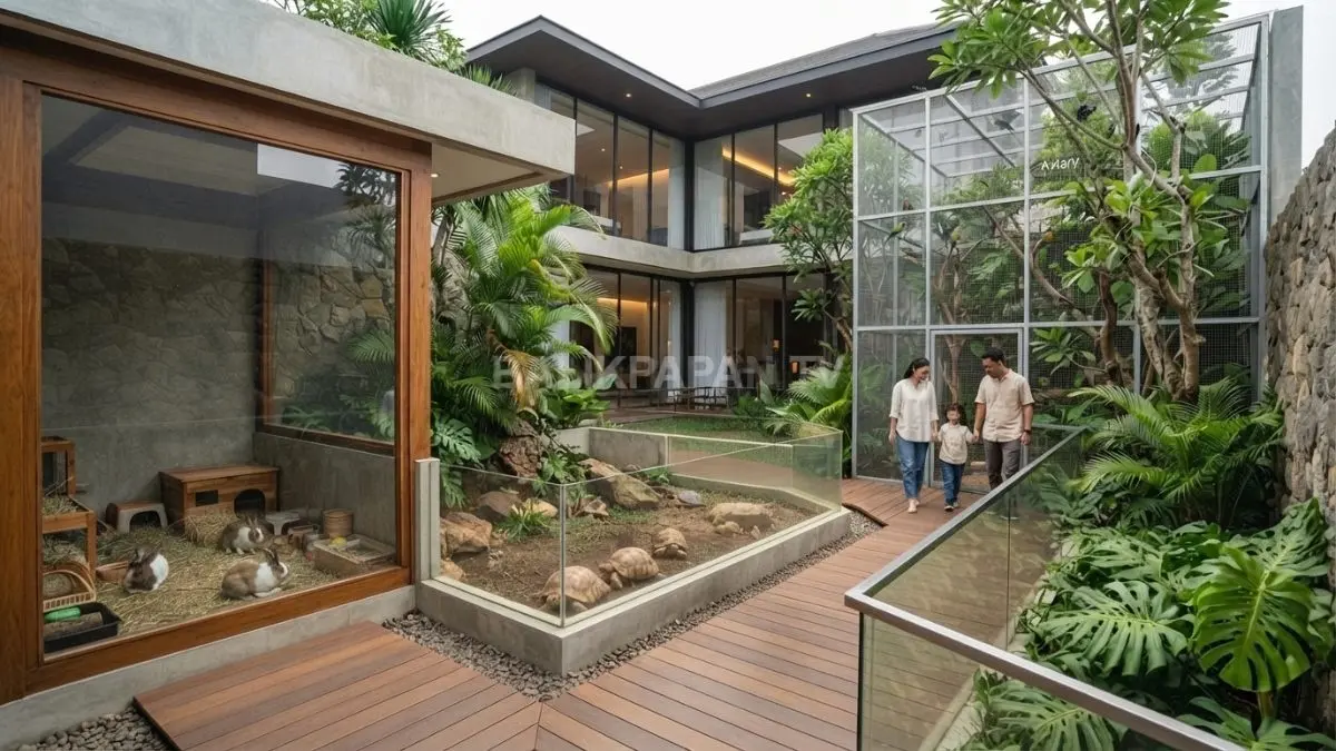 Desain mini zoo modern menghadirkan kandang transparan nyaman berpadu taman hijau yang estetis fungsional harmonis (BTV/AI)