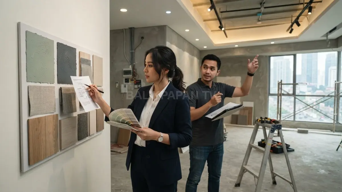 Desainer interior mengevaluasi kombinasi warna plafon, dinding, dan pencahayaan sebelum menentukan konsep akhir ruangan. (BTV/AI)