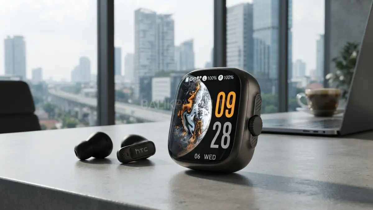 HTC NE72 dengan casing berlayar sentuh menyerupai smartwatch menjadi daya tarik utama earbuds nirkabel ini.(BTV/AI) 
