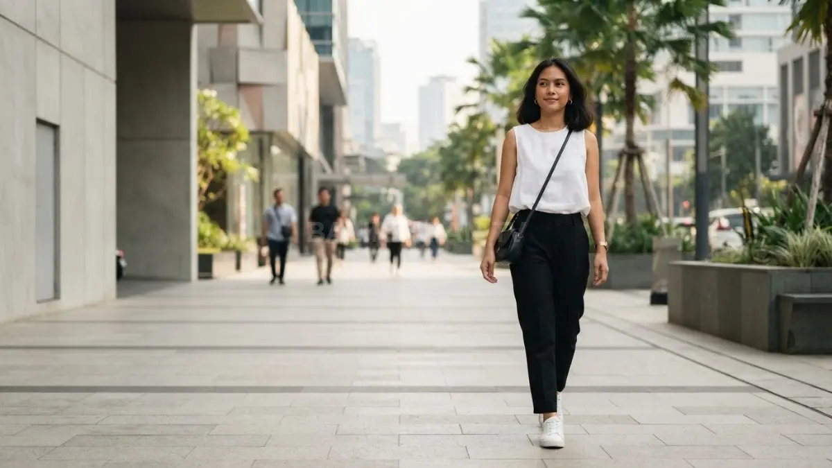  Outfit monokrom bernuansa terang menghadirkan tampilan sederhana, nyaman, tetap stylish menemani aktivitas saat cuaca panas. (BTV/AI)