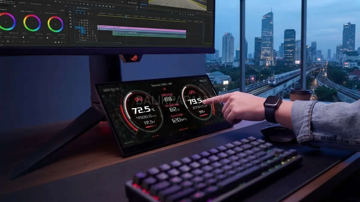 Ilustrasi Monitor portabel ROG Strix XG129C digunakan sebagai layar sentuh pendamping untuk editing dan produktivitas.(BTV/AI) 