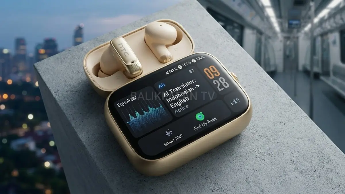Ilustrasi Tampilan layar sentuh HTC NE72 yang menyediakan AI Translator, equalizer, dan berbagai fitur pintar. (BTV/AI) 