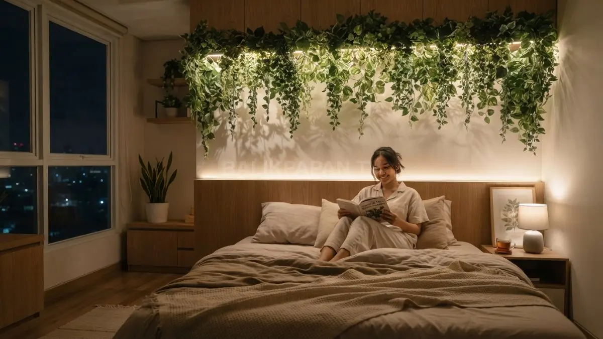 Kamar minimalis bertema taman tampil estetik dengan tanaman palsu gantung dan pencahayaan hangat menenangkan (BTV/AI)
