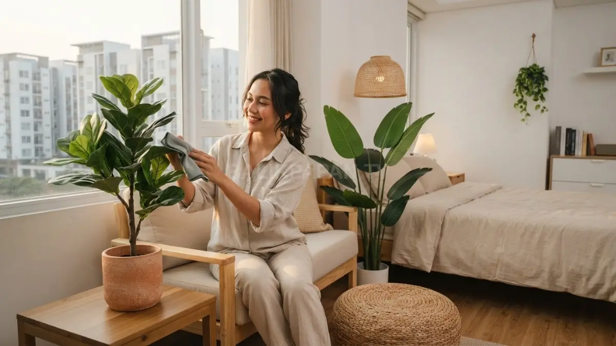Kamar minimalis bertema taman tampil estetik dengan tanaman palsu, pencahayaan hangat, dan dekorasi seimbang alami (BTV/AI)
