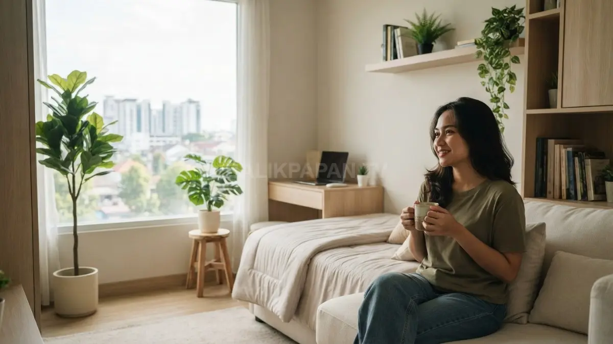 Kamar minimalis bertema taman tampil estetik menggunakan tanaman palsu dengan penataan fungsional dan suasana nyaman alami (BTV/AI)
